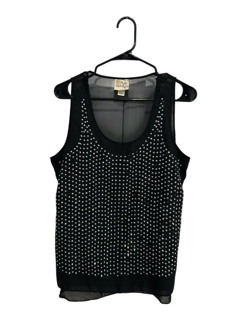 Pretty Rebellious Medium Black Sheer Tank Top Silver Studded Alt Aesthetic